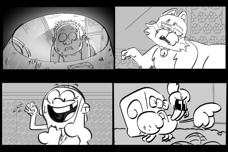  Four-panel black and white cartoon illustration with various characters and scenes.