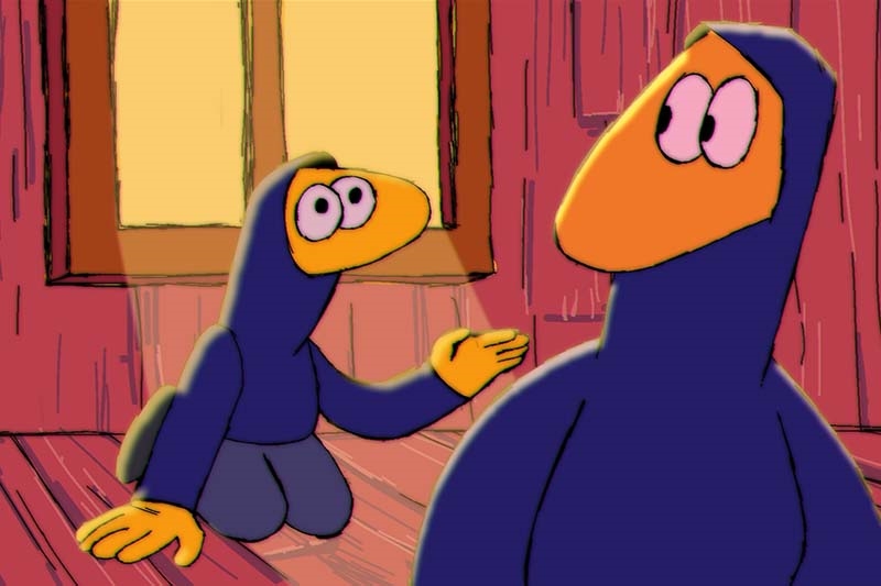 Two bird-like cartoon characters in blue hooded outfits, one standing, one kneeling and gesturing, in a wooden room with a glowing window.