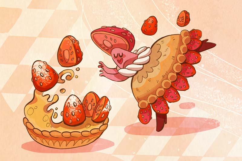 Illustration of a whimsical scene with a pie and an anthropomorphic pie character with strawberry details, mid-dance against a pastel checkerboard background.