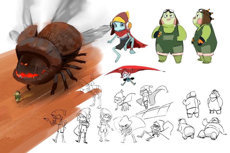 Character design sheet featuring colored and sketch illustrations of a giant insect and two different characters: a blue-skinned figure with a red hooded cape, and a green, frog-like character with aviator goggles.