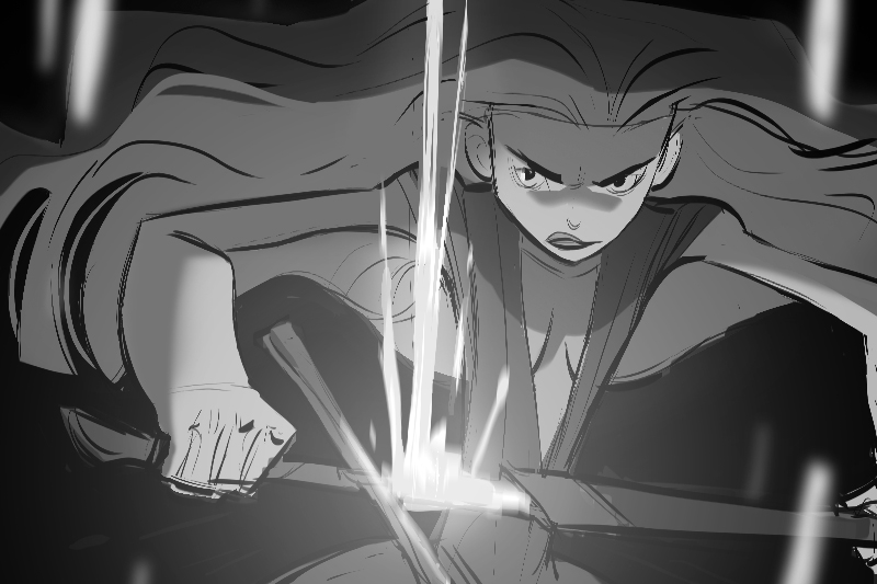 Monochromatic drawing of a character in a battle-ready stance, holding a glowing sword.