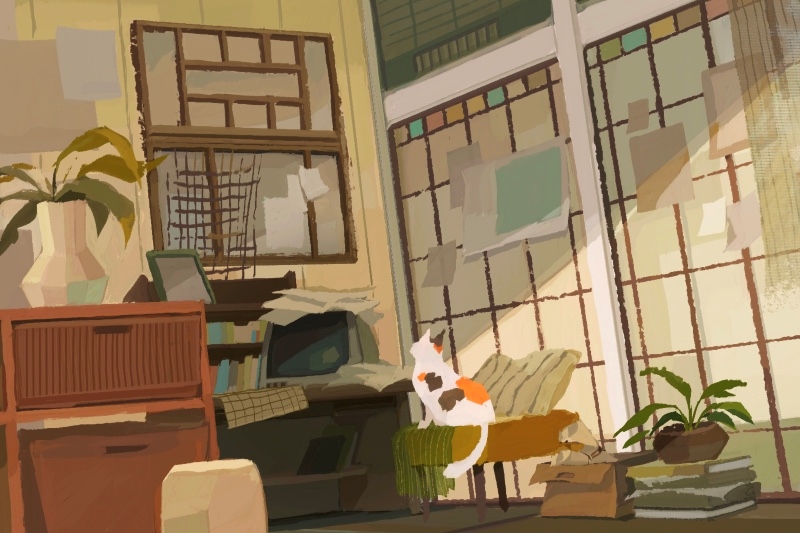 Cozy, cluttered workspace with a white cat sitting on a green cushioned stool, surrounded by papers, books, and a potted plant, lit by natural daylight through glass doors.