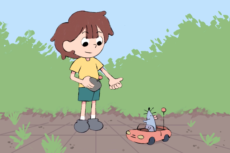 Cartoon of a boy with a remote control and a mouse in a toy car.