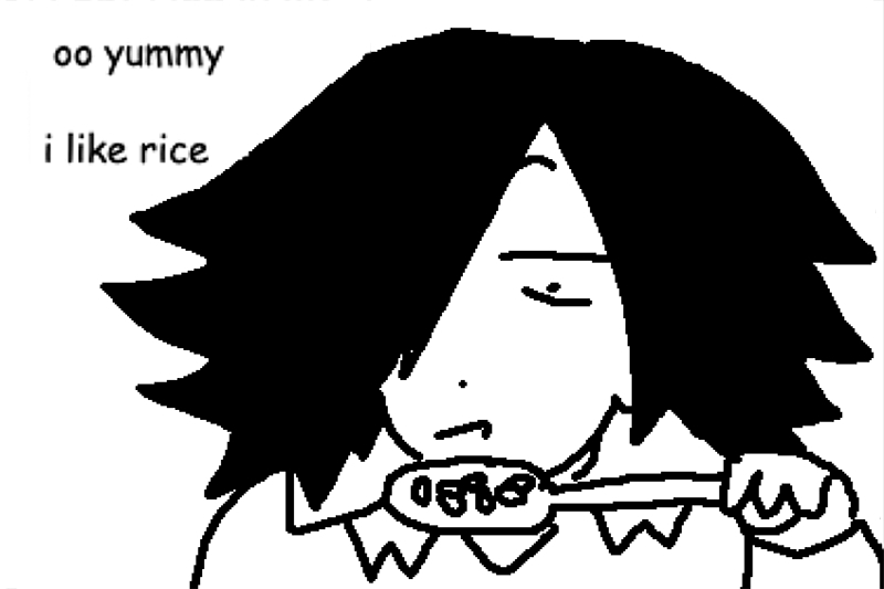 Cartoon character with spiky black hair holding a spoon with rice next to text saying, "oo yummy i like rice".