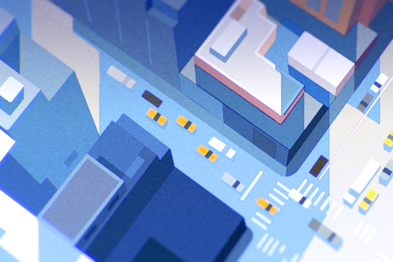 Stylized aerial view of a city intersection with geometric buildings in blue tones and small yellow and grey vehicles on the streets.