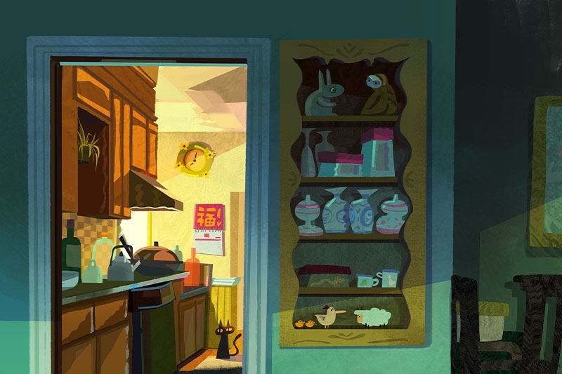 Illustrated kitchen viewed through a doorway, with a black cat on a mat. A wall-mounted shelf filled with various objects is visible to the right of the doorway.