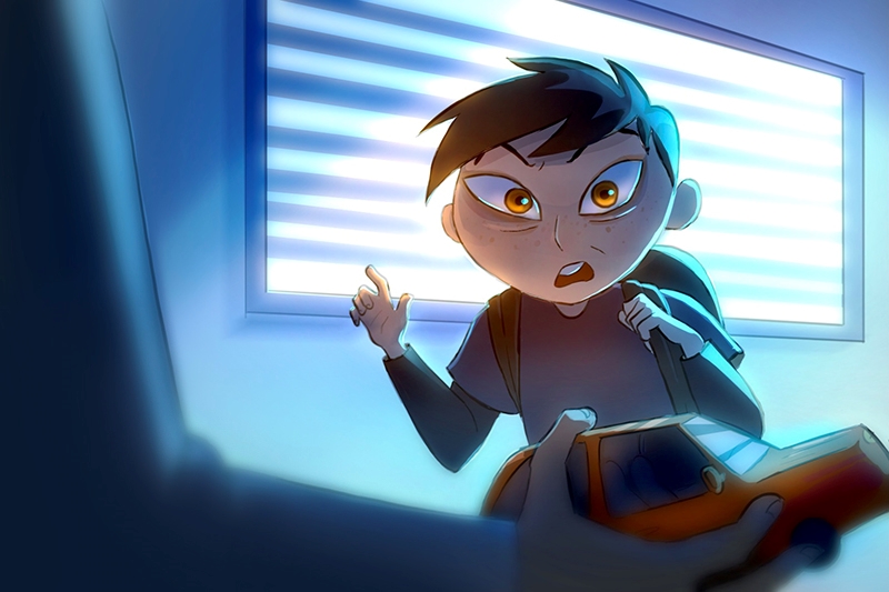 Animated character with a surprised expression holding a backpack, in front of a glowing window, facing a hand holding a toy car.