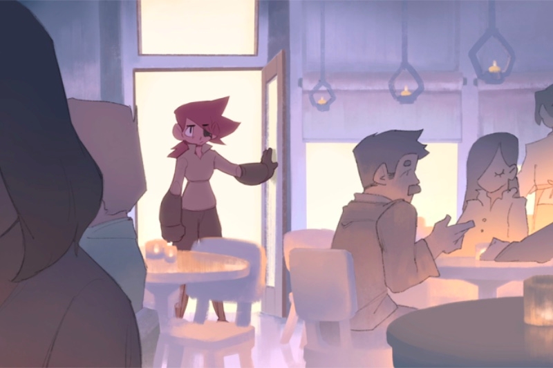 Animated scene of a person entering a cozy, dimly lit cafe where customers are seated at round tables.