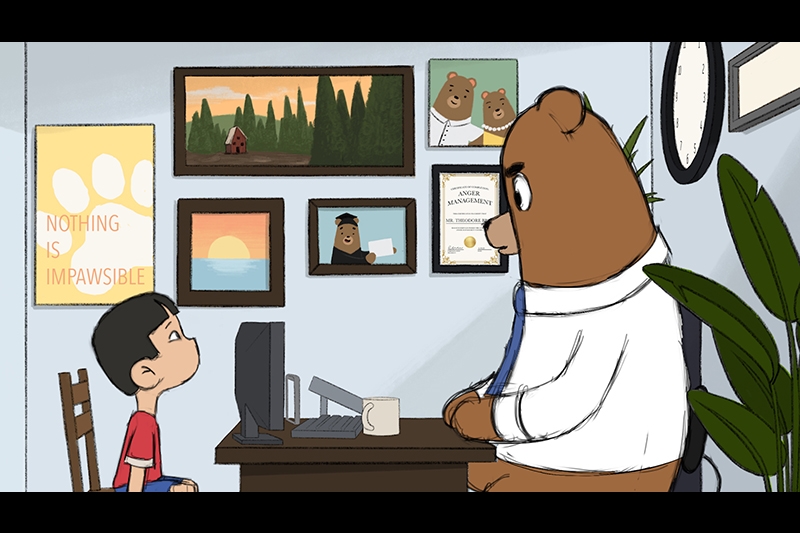 Cartoon bear in an office talking to a young boy. The office has pictures and certificates on the wall and a potted plant beside a clock.