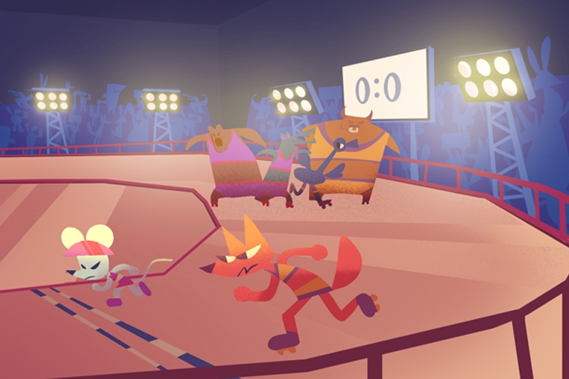 Animated race between a mouse and a fox on a track in a stadium with an audience in the background. Scoreboard shows 0:0.