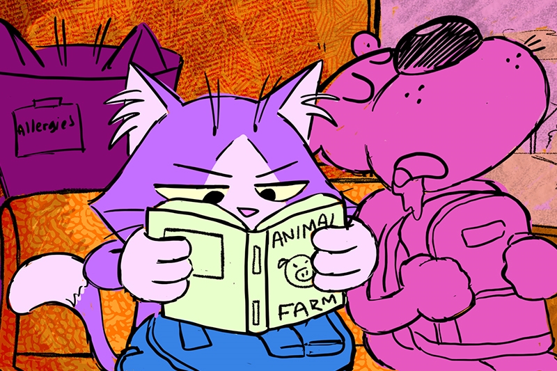 Illustration of a purple cat reading "Animal Farm" and a pink dog making a fist pump.