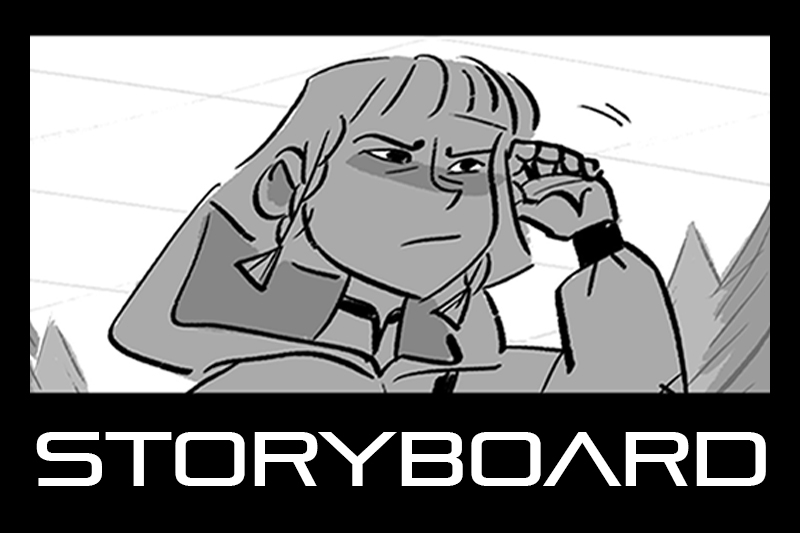 Storyboard panel depicting a serious animated character with hand raised to forehead. Text below reads "STORYBOARD."