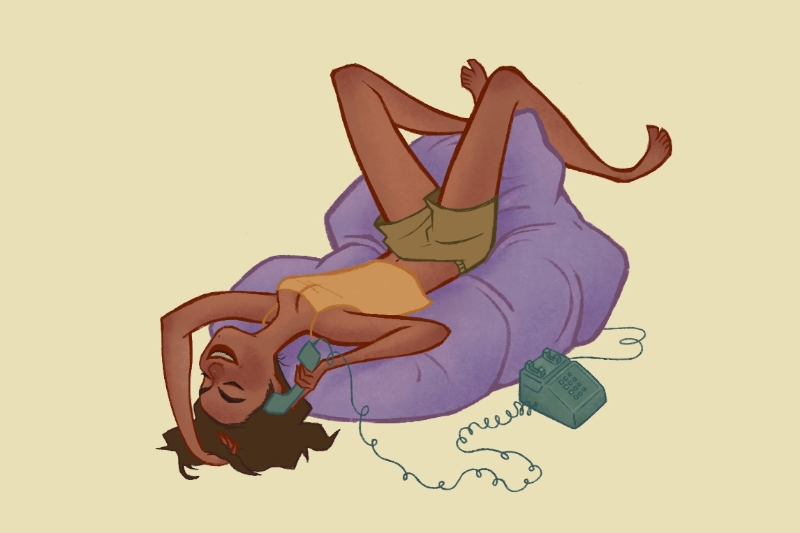 Animated person in a yellow tank top and green shorts lies upside down on a purple bean bag while talking on a corded phone.