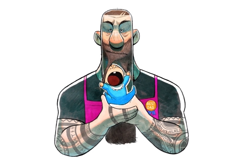 Cartoon of a large bearded man holding a laughing baby, wearing a "BEST DAD" badge.