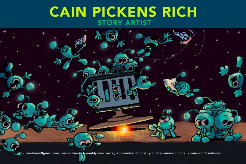 Illustration of small blue creatures around a computer monitor under the text "Cain Pickens Rich Story Artist."