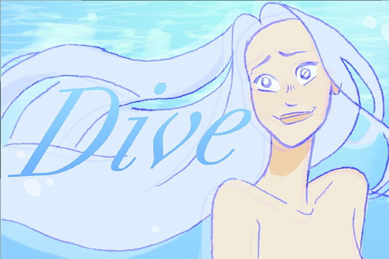 Animated figure with long blue hair underwater and the word "Dive" written over the image.