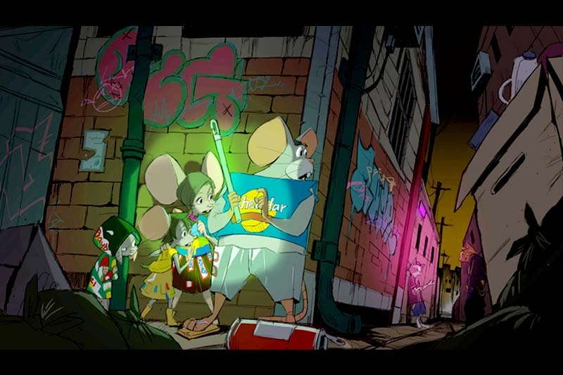 Anthropomorphic mice study a map in a graffiti-filled alley with neon lights.