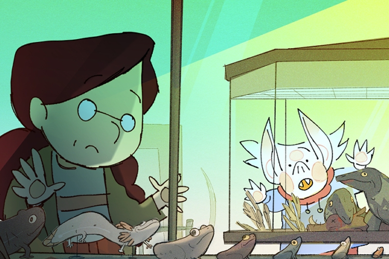 Animated scene of two characters interacting in a pet store, one looking concerned while the other is enthusiastic behind a glass tank filled with small reptiles and amphibians.