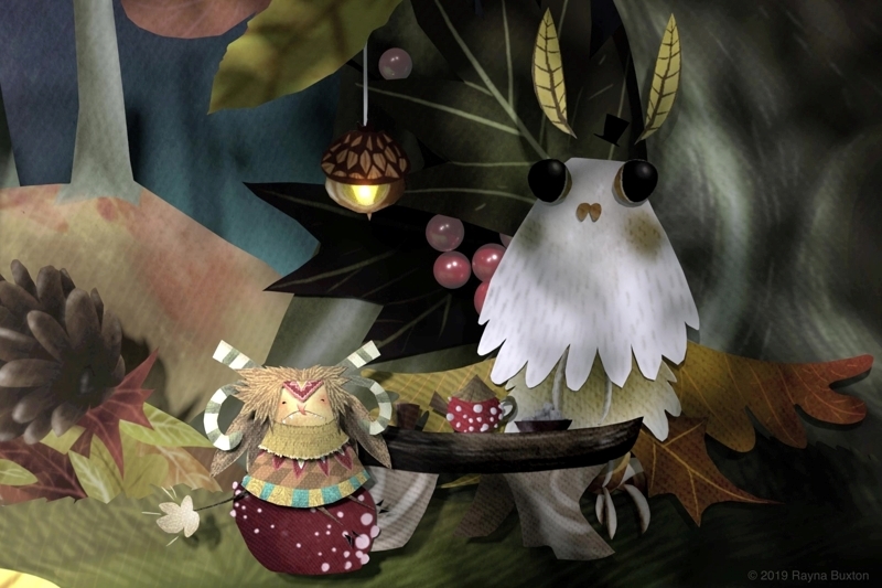 Whimsical forest scene with a small creature and an owl-like figure having tea at a wooden table.