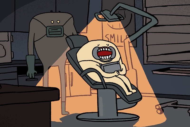 A cartoon character with a wide, open mouth sits in a dentist's chair under an examination light, while a masked figure stands behind. The word "SMILE" is faintly visible on the wall.