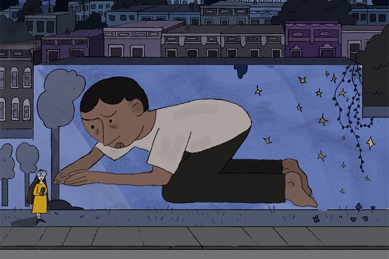 Illustration of a giant sad man in the air above buildings, with a small woman in a yellow dress standing on the sidewalk looking up at him.