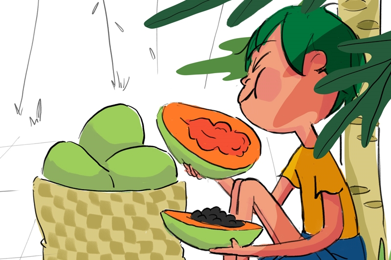 Cartoon illustration of a person with green hair holding two halves of a papaya, sitting next to a basket of green papayas.