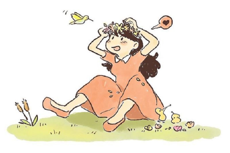 A girl in a coral dress placing a flower crown on her head, sitting on the grass with a flying bird and small chicks around her.