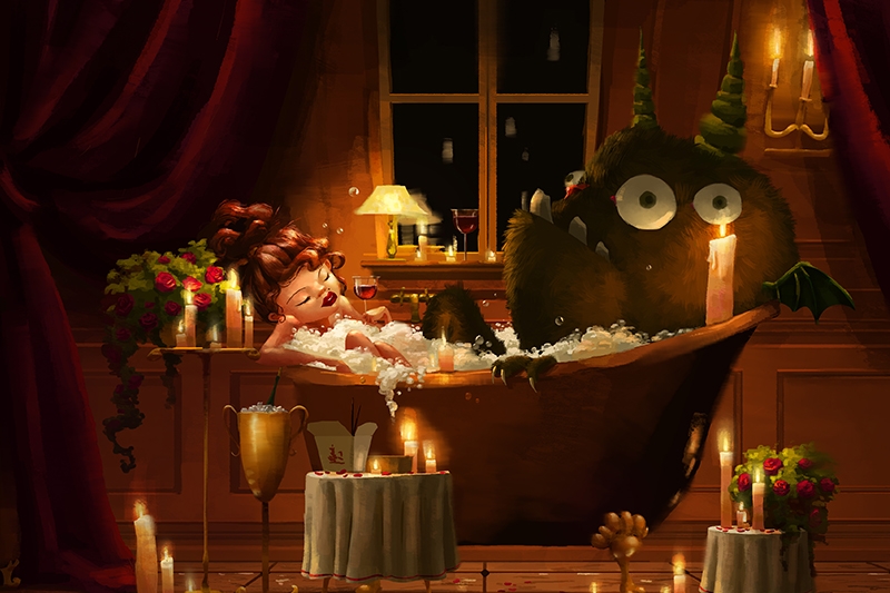 Woman and furry monster relaxing in a bubble-filled bathtub in a candle-lit room.