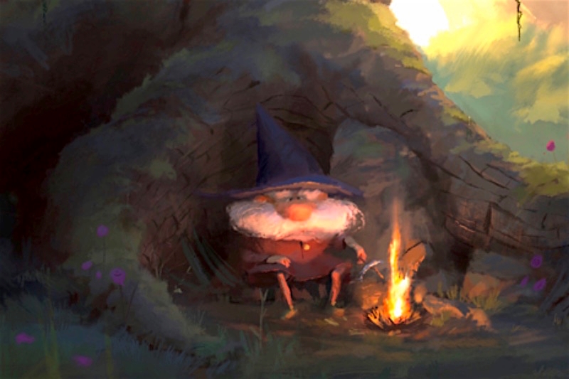 A gnome with a white beard and blue hat sits by a fire at the entrance of a cave.