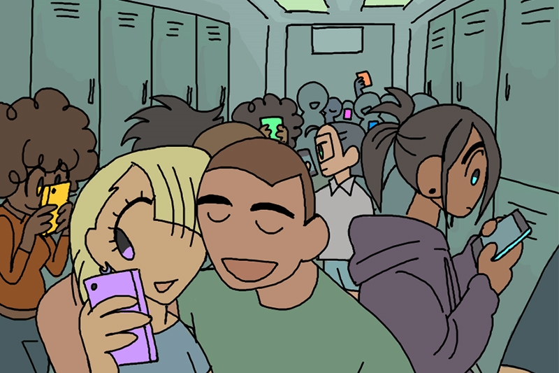 Cartoon of teenagers in a school hallway, all using smartphones.