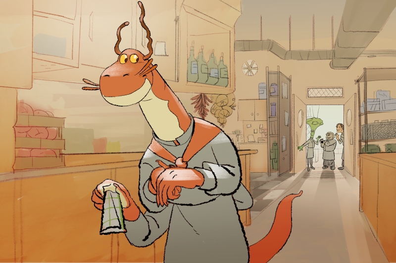 Animated red dragon in a kitchen holding a towel, with three other characters in chef outfits in the background.