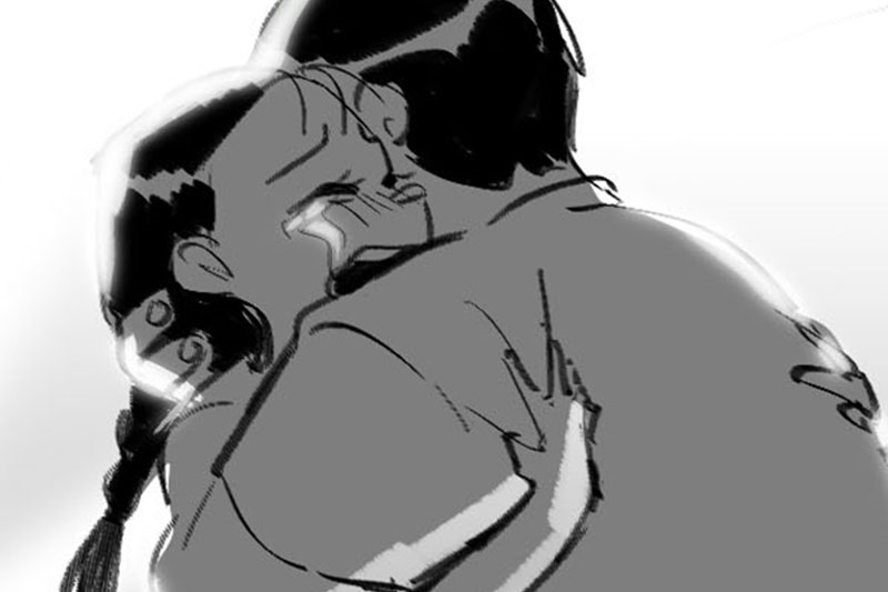 Sketch of two people hugging, one is crying.