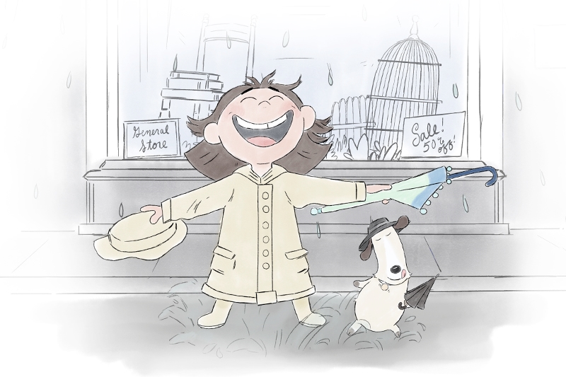 A girl in a yellow raincoat and boots smiles with arms outstretched in the rain, holding a hat and umbrella, accompanied by a small dog in a raincoat.