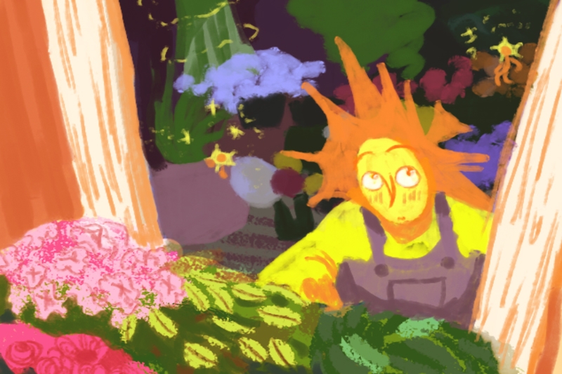  Illustration of a character with a sun-like head surrounded by colorful flowers and foliage in a garden.