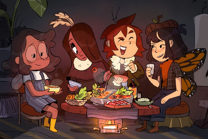 Four animated characters sitting around a table, enjoying a meal together.