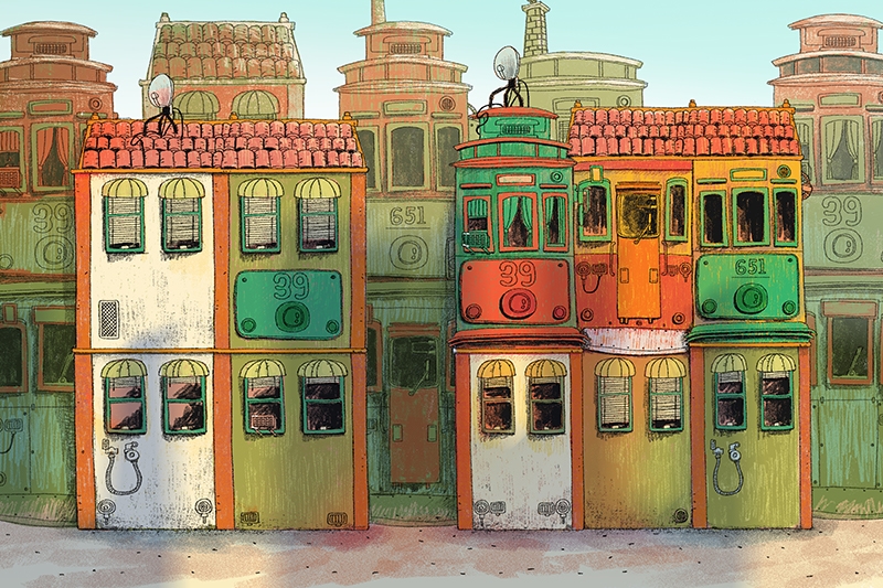 Colorful illustration of two buildings resembling trolley cars, with red-tiled roofs and numerous windows. The buildings are numbered "39" and "651".