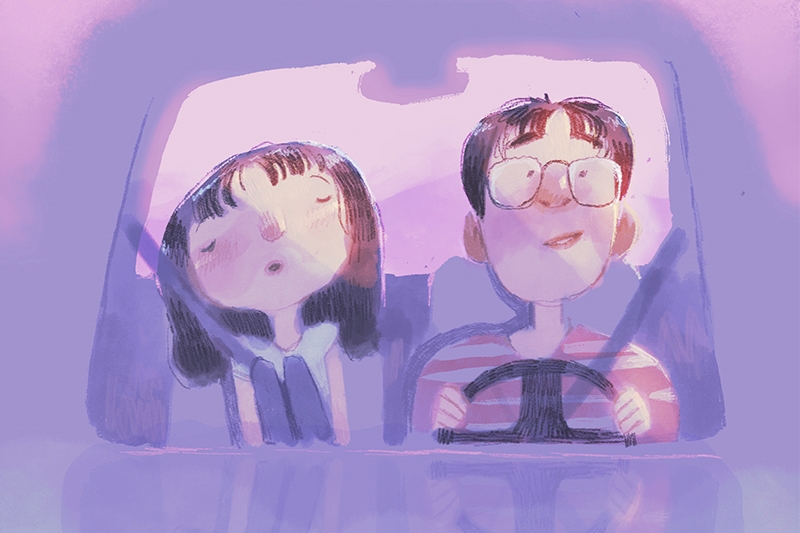 Illustration of two people in the front seats of a car; one person appears to be sleeping, and another is driving with a slight smile.