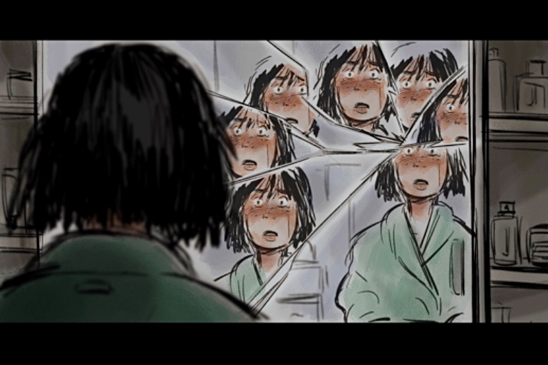 A person looking into a shattered mirror, reflecting multiple surprised faces.