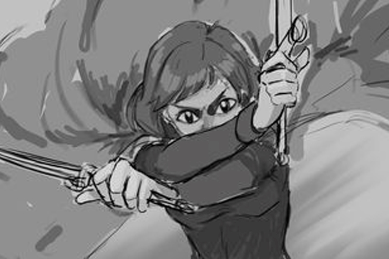 Grayscale illustration of a character holding onto cables with a determined expression.