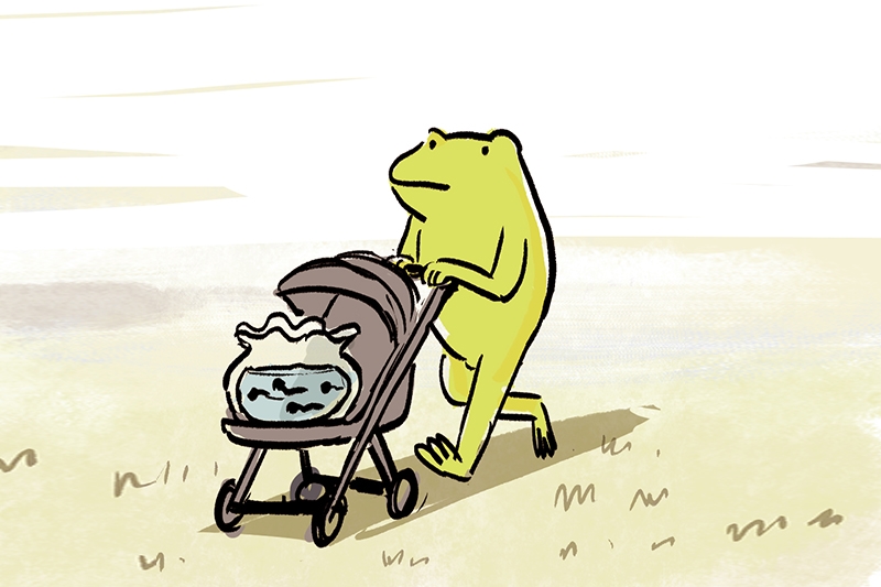 Green frog pushing a stroller with a fishbowl in it on a grassy surface.