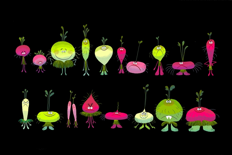 A collection of sixteen whimsical vegetable characters on a black background, arranged in two rows.