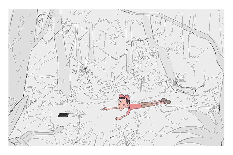 Cartoon illustration of a boy in a red cap and shirt lying on the ground in a forest, reaching for a black book.