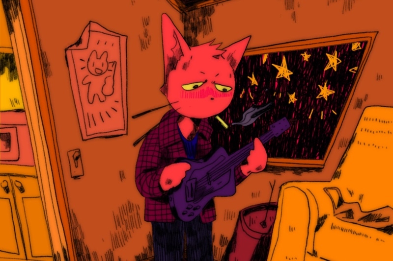 Anthropomorphic pink cat with guitar in a cluttered room, featuring a starry night outside the window.