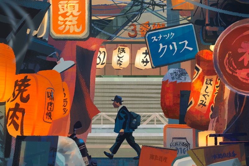 A bustling urban street with colorful Japanese lanterns and signs. A person with a backpack is walking through the scene.