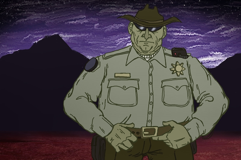 Illustration of a stern sheriff in uniform with mountains and a dramatic purple sky in the background.