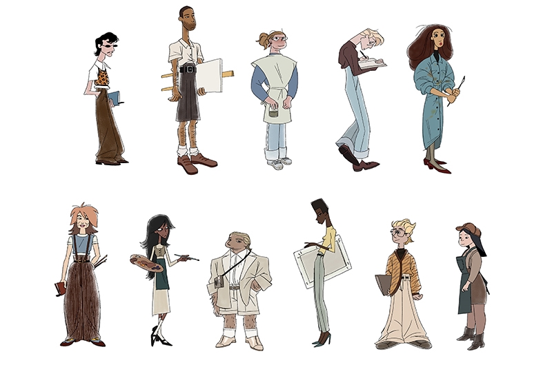 Stylized illustrations of ten characters in various outfits suggestive of different professions or roles, arranged in two rows of five.