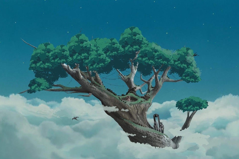 A large, lush tree with a small house in its branches floats among clouds in the sky.