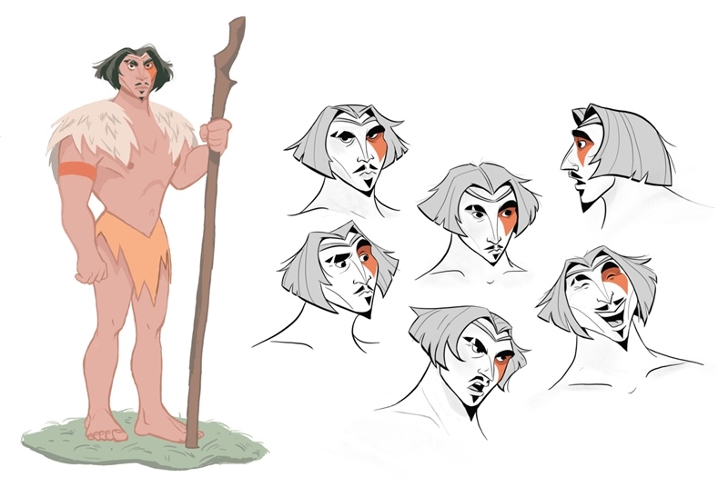 Illustration of a male character holding a staff, with six head sketches showing various expressions and angles.