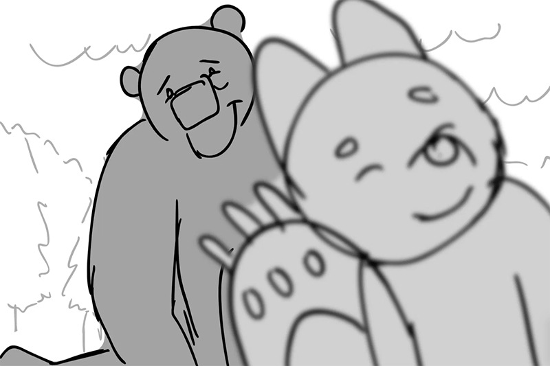  A cartoon sketch of a cat-like character winking and waving in the foreground, with a bear smiling in the background.