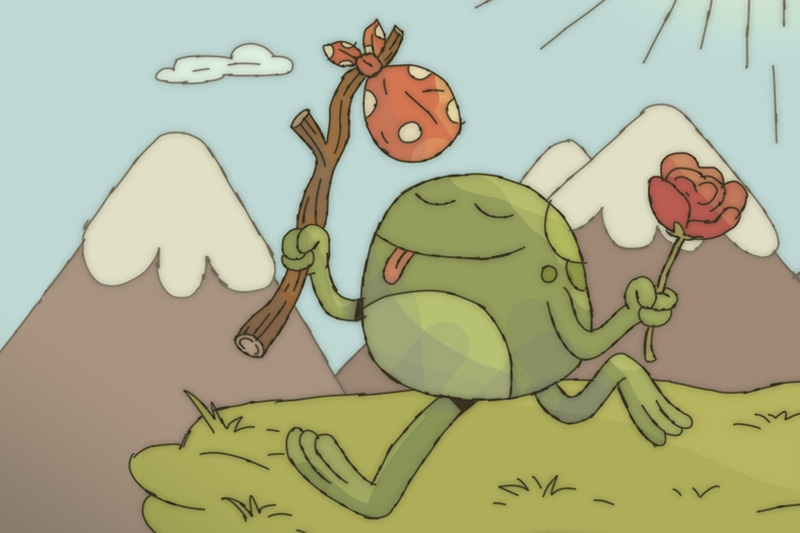 A green, round character with a walking stick and a red bundle, holding a red flower, walking on a grassy hill with mountains in the background.